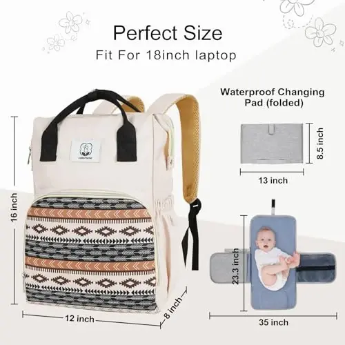 COTTONBEBE Western Diaper Bag with Changing Pad, Large Baby Bags Backpack with Stroller Straps & Insulated Pockets, Multifunction Waterproof Travel Diapers Back pack for Women & Man, Boho - 5