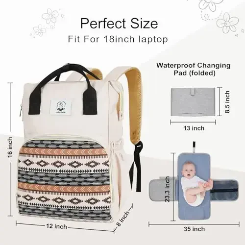 COTTONBEBE Western Diaper Bag with Changing Pad, Large Baby Bags Backpack with Stroller Straps & Insulated Pockets, Multifunction Waterproof Travel Diapers Back pack for Women & Man, Boho - 5