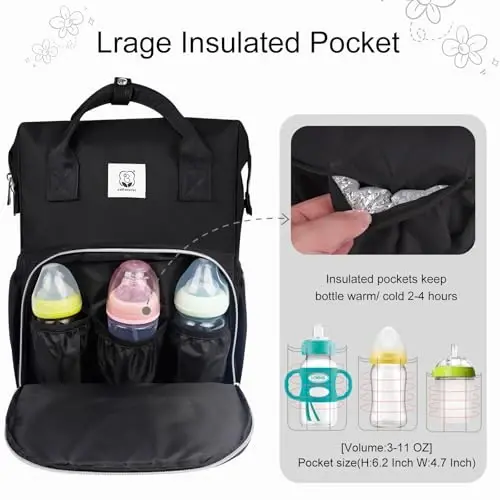 COTTONBEBE Diaper Bag with Changing Pad, Large Baby Bags Backpack with Stroller Straps & Insulated Pockets, Multifunction Waterproof Travel Diapers Back pack for Women & Man, Black - 8