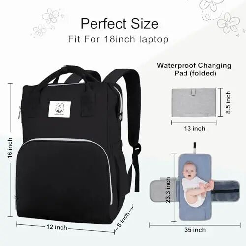 COTTONBEBE Diaper Bag with Changing Pad, Large Baby Bags Backpack with Stroller Straps & Insulated Pockets, Multifunction Waterproof Travel Diapers Back pack for Women & Man, Black - 10