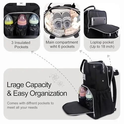 COTTONBEBE Diaper Bag with Changing Pad, Large Baby Bags Backpack with Stroller Straps & Insulated Pockets, Multifunction Waterproof Travel Diapers Back pack for Women & Man, Black - 12