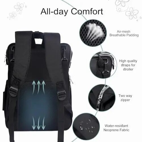 COTTONBEBE Diaper Bag with Changing Pad, Large Baby Bags Backpack with Stroller Straps & Insulated Pockets, Multifunction Waterproof Travel Diapers Back pack for Women & Man, Black - 1
