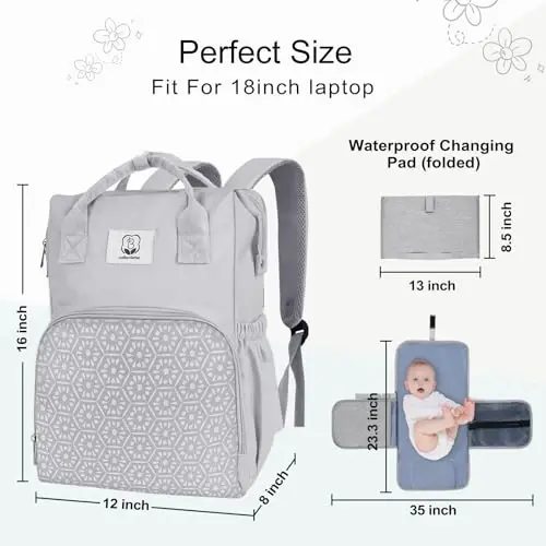 COTTONBEBE Diaper Bag with Changing Pad, Large Baby Bags Backpack with Stroller Straps & Insulated Pockets, Multifunction Waterproof Travel Diapers Back pack for Women & Man, Grey - 6