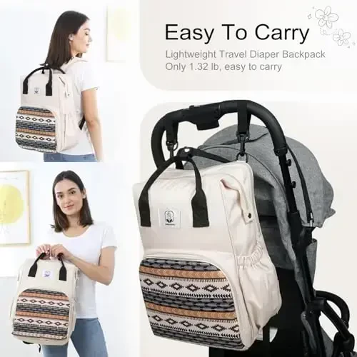 COTTONBEBE G'arbiy taglik sumkasi, almashtirish uchun yostiqli, katta bolalar sumkalari, aravachalar uchun tasmali va izolyatsiyalangan cho'ntakli ryukzak, ayollar va erkaklar uchun ko'p funktsiyali suv o'tkazmaydigan sayohat tagliklari ryukzaki, Boho - 6