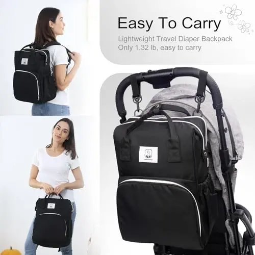 COTTONBEBE Сумка для пеленания с пеленальным ковриком, большой рюкзак для детских вещей с ремнями для коляски и изолированными карманами, многофункциональный водонепроницаемый дорожный рюкзак для пеленок для женщин и мужчин, черный - 3