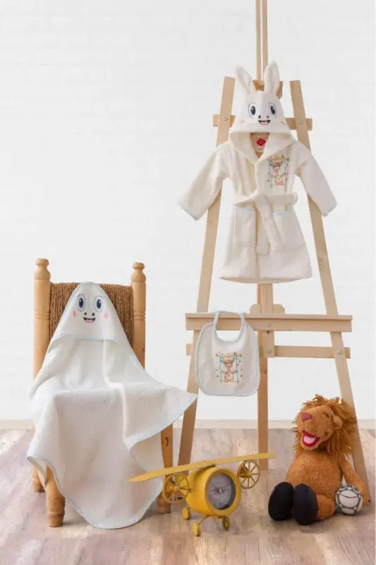 Cottonbox Chaqaloq Xalat To'plami Xalat + O'rash + Yostiq Giraffe Krem - 1