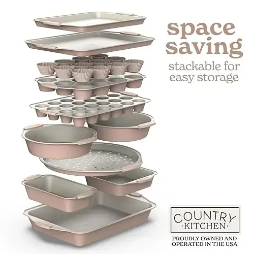 Country Kitchen Nonstick Stackable Bakeware Set - Durable, Easy Release Baking Set- 22 Pc. Includes Silicone Muffin Cups - 7