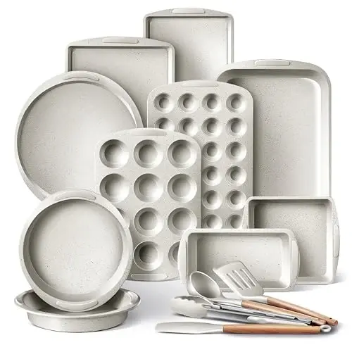Country Kitchen Nonstick Stackable Bakeware Set - Durable, Easy Release Baking Set, Cream, 14 Pcs 