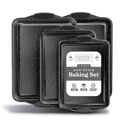 Country Kitchen Nonstick Stackable Bakeware Set - Heavy Duty, Durable, Easy Release Baking Set, Black, 4 Pcs 