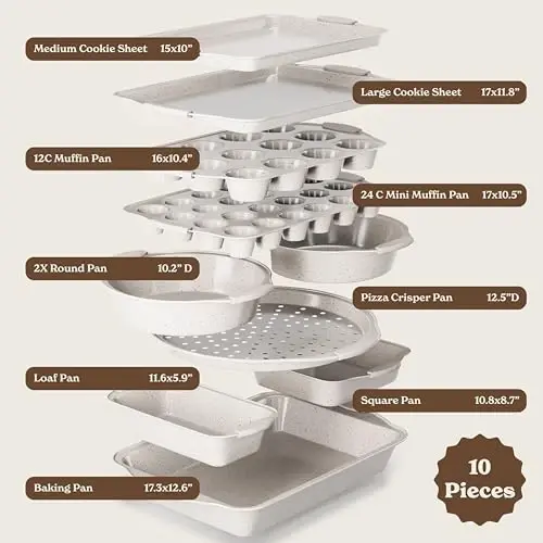 Country Kitchen Nonstick Stackable Bakeware Set - Heavy Duty, Durable, Easy Release Baking Set, Cream, 10 Pcs - 2