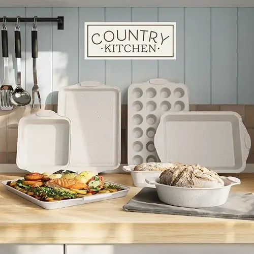 Country Kitchen Nonstick Stackable Bakeware Set - Heavy Duty, Durable, Easy Release Baking Set, Cream, 10 Pcs - 3