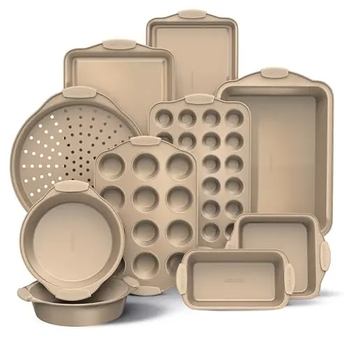 Country Kitchen Nonstick Stackable Bakeware Set - Heavy Duty, Durable, Easy Release Baking Set, Gold, 10 Pcs 