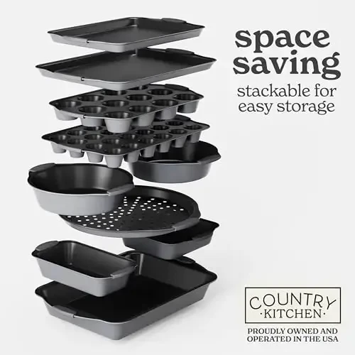 Country Kitchen Nonstick Stackable Bakeware Set - Heavy Duty, Durable, Easy Release Baking Set, Grey, 10 Pcs - 7