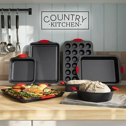 Country Kitchen Nonstick Stackable Bakeware Set - Heavy Duty, Durable, Easy Release Baking Set, Red, 10 Pcs - 3
