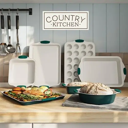 Country Kitchen Nonstick Stackable Bakeware Set - Heavy Duty, Durable, Easy Release Baking Set, Sage, 10 Pcs - 3