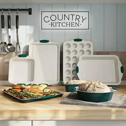 Country Kitchen Nonstick Stackable Bakeware Set - Heavy Duty, Durable, Easy Release Baking Set, Sage, 10 Pcs - 3