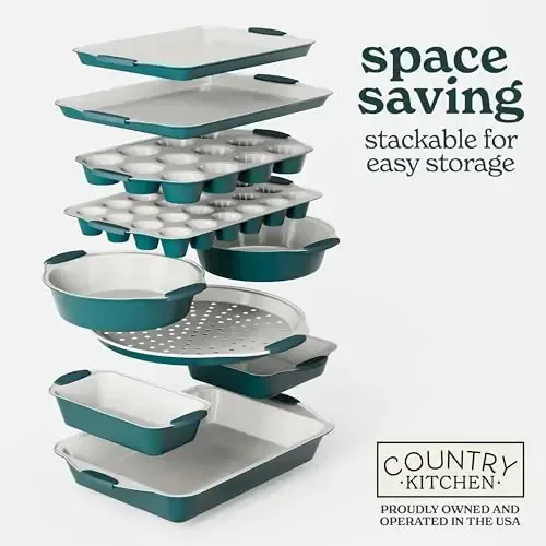 Country Kitchen Nonstick Stackable Bakeware Set - Heavy Duty, Durable, Easy Release Baking Set, Sage, 10 Pcs - 7