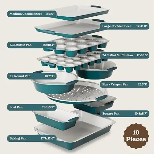 Country Kitchen Nonstick Stackable Bakeware Set - Heavy Duty, Durable, Easy Release Baking Set, Sage, 10 Pcs - 2