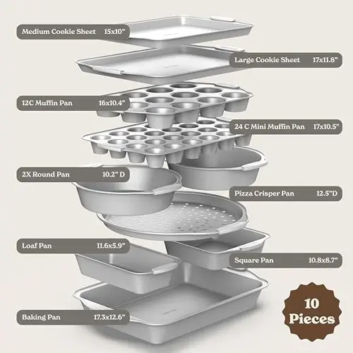 Country Kitchen Nonstick Stackable Bakeware Set - Heavy Duty, Durable, Easy Release Baking Set, Silver, 10 Pcs - 2