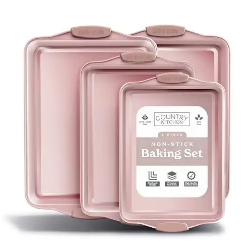 Country Kitchen Yapışmaz İstiflenebilir Fırın Kabı Seti - Ağır Hizmet Tipi, Dayanıklı, Kolay Çıkarılan Pişirme Seti, Pembe, 4 Parça - 1