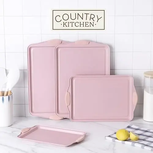 Country Kitchen Yapışmaz İstiflenebilir Fırın Kabı Seti - Ağır Hizmet Tipi, Dayanıklı, Kolay Çıkarılan Pişirme Seti, Pembe, 4 Parça - 3