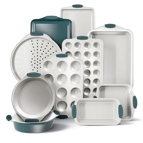 Country Kitchen Nonstick Stackable Bakeware Set - Heavy Duty, Durable, Easy Release Baking Set, Sage, 10 Pcs - 1