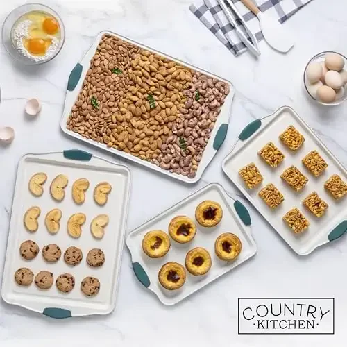 Country Kitchen Nonstick Stackable Bakeware Set - Heavy Duty, Durable, Easy Release Baking Set, Sage, 4 Pcs - 7