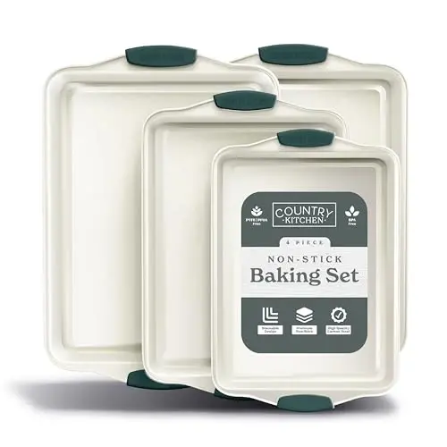 Country Kitchen Nonstick Stackable Bakeware Set - Heavy Duty, Durable, Easy Release Baking Set, Sage, 4 Pcs 