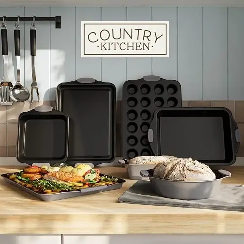 Country Kitchen Nonstick Stackable Bakeware Set - Heavy Duty, Durable, Easy Release Baking Set, Grey, 10 Pcs - 3