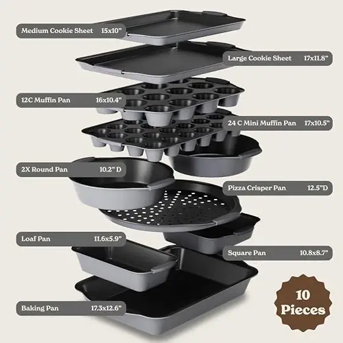 Country Kitchen Nonstick Stackable Bakeware Set - Heavy Duty, Durable, Easy Release Baking Set, Grey, 10 Pcs - 2