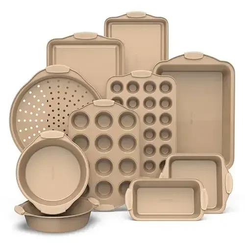 Country Kitchen Nonstick Stackable Bakeware Set - Heavy Duty, Durable, Easy Release Baking Set, Gold, 10 Pcs - 1