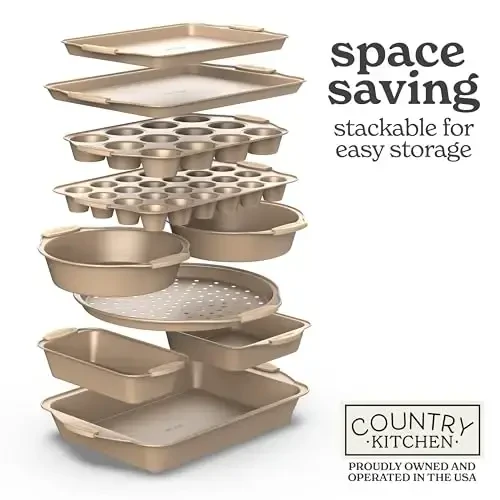 Country Kitchen Nonstick Stackable Bakeware Set - Heavy Duty, Durable, Easy Release Baking Set, Gold, 10 Pcs - 7