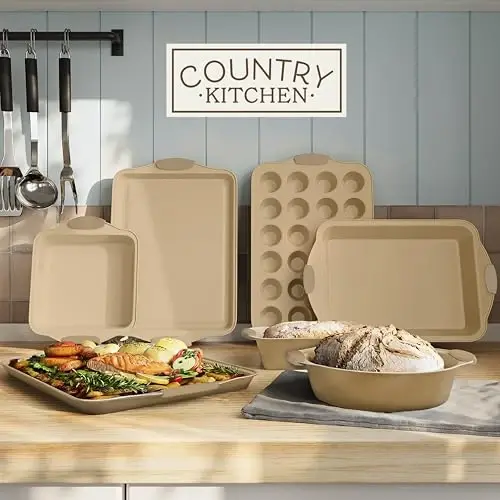 Country Kitchen Nonstick Stackable Bakeware Set - Heavy Duty, Durable, Easy Release Baking Set, Gold, 10 Pcs - 3