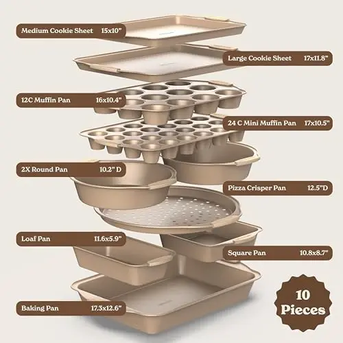 Country Kitchen Nonstick Stackable Bakeware Set - Heavy Duty, Durable, Easy Release Baking Set, Gold, 10 Pcs - 2