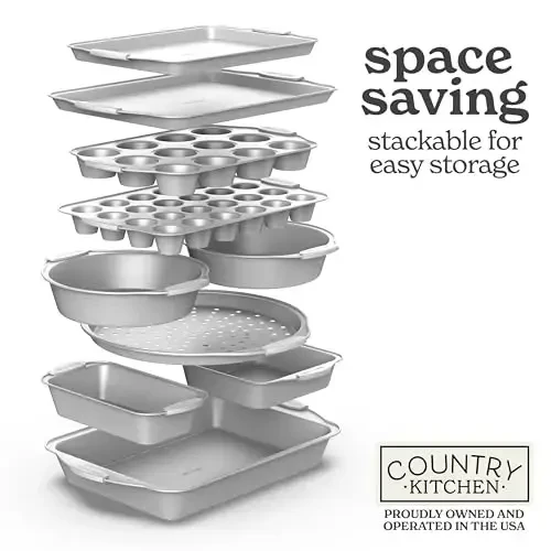 Country Kitchen Nonstick Stackable Bakeware Set - Heavy Duty, Durable, Easy Release Baking Set, Silver, 10 Pcs - 7