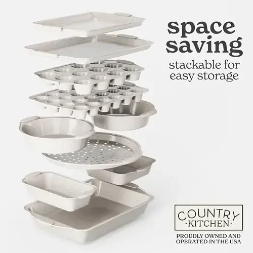 Country Kitchen Nonstick Stackable Bakeware Set - Heavy Duty, Durable, Easy Release Baking Set, Cream, 10 Pcs - 7