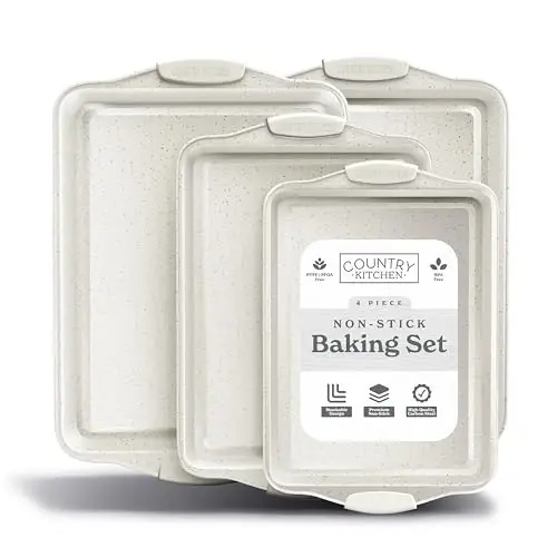 Country Kitchen Nonstick Stackable Bakeware Set - Heavy Duty, Durable, Easy Release Baking Set, Cream, 4 Pcs 