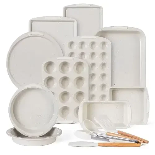 Country Kitchen Nonstick Stackable Bakeware Set - Durable, Easy Release Baking Set, Cream, 14 Pcs 