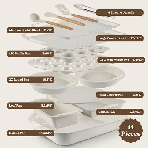 Country Kitchen Nonstick Stackable Bakeware Set - Durable, Easy Release Baking Set, Cream, 14 Pcs - 2