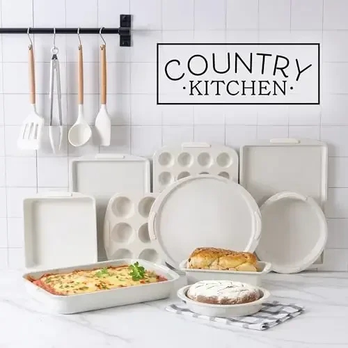 Country Kitchen Nonstick Stackable Bakeware Set - Durable, Easy Release Baking Set, Cream, 14 Pcs - 3