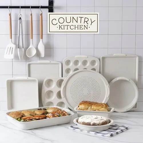 Country Kitchen Nonstick Stackable Bakeware Set - Durable, Easy Release Baking Set, Cream, 14 Pcs - 3