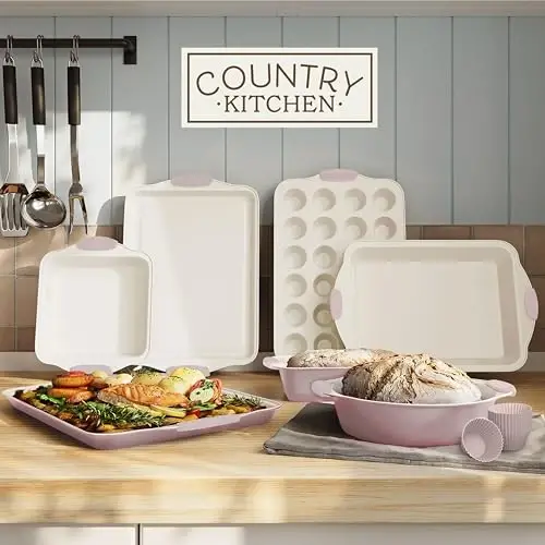 Country Kitchen yopishmaydigan, taxlanadigan pishiriqlar to'plami - Bardoshli, Oson ajraladigan pishirish to'plami - 22 dona. Silikonli kek qoliplari bilan birga - 3