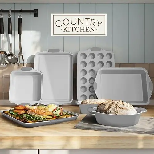 Country Kitchen yopishmaydigan, taxlanadigan pishiriqlar to'plami - Og'ir yukga bardoshli, mustahkam, oson ajraladigan pishirish to'plami, kumush, 10 dona - 3