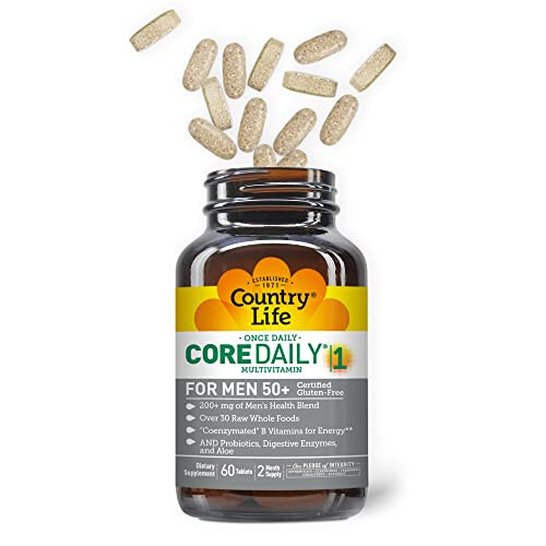 Country Life Core Daily-1 Ko'p Vitaminlar Erkaklar Uchun 50+ - Erkaklar uchun Kunlik Ko'p Vitaminlar Vitaminlar, Minerallar, Ovqat Hazm Qilish Fermentlari, Probiotiklar va To'liq Oziq-ovqatlar bilan - Glutensiz Sertifikatlangan - 9