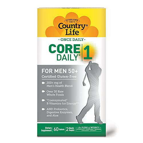 Country Life Core Daily-1 Ko'p Vitaminlar Erkaklar Uchun 50+ - Erkaklar uchun Kunlik Ko'p Vitaminlar Vitaminlar, Minerallar, Ovqat Hazm Qilish Fermentlari, Probiotiklar va To'liq Oziq-ovqatlar bilan - Glutensiz Sertifikatlangan - 10