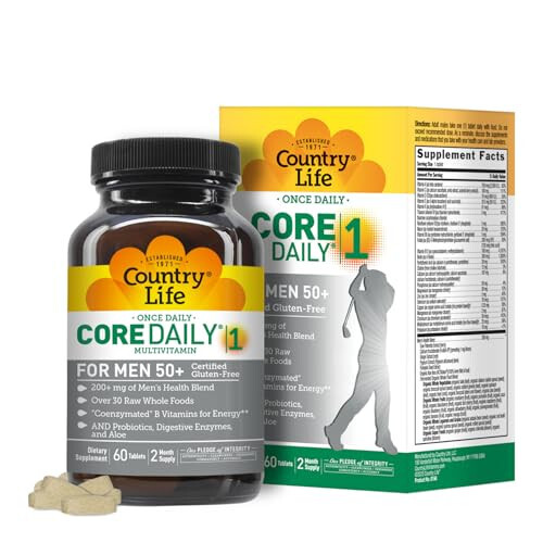 Country Life Core Daily-1 Ko'p Vitaminlar Erkaklar Uchun 50+ - Erkaklar uchun Kunlik Ko'p Vitaminlar Vitaminlar, Minerallar, Ovqat Hazm Qilish Fermentlari, Probiotiklar va To'liq Oziq-ovqatlar bilan - Glutensiz Sertifikatlangan - 1