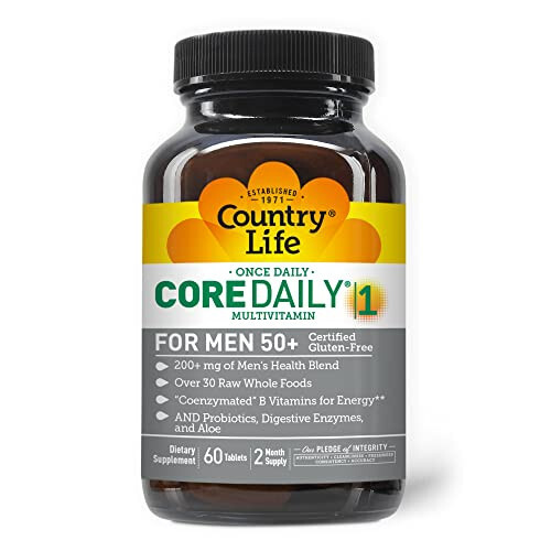 Country Life Core Daily-1 Multivitamins for Men 50+ - One Daily Multivitamin for Men with Vitamins, Minerals, Digestive Enzymes, Probiotics & Whole Foods - Certified Gluten Free - 7