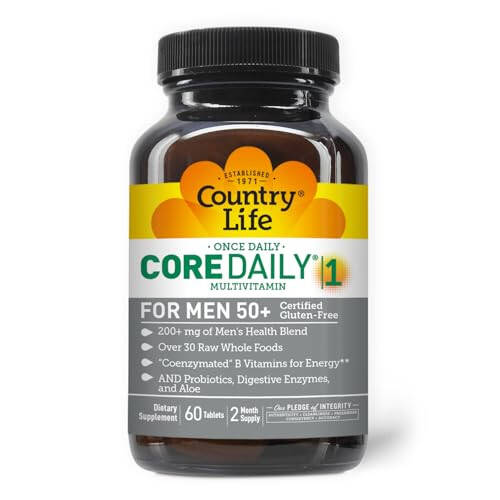 Country Life Core Daily-1 Multivitamins for Men 50+ - One Daily Multivitamin for Men with Vitamins, Minerals, Digestive Enzymes, Probiotics & Whole Foods - Certified Gluten Free - 3