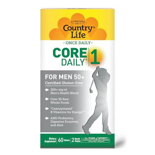 Country Life Core Daily-1 Multivitamins for Men 50+ - One Daily Multivitamin for Men with Vitamins, Minerals, Digestive Enzymes, Probiotics & Whole Foods - Certified Gluten Free - 5