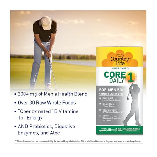 Country Life Core Daily-1 Multivitamins for Men 50+ - One Daily Multivitamin for Men with Vitamins, Minerals, Digestive Enzymes, Probiotics & Whole Foods - Certified Gluten Free - 6